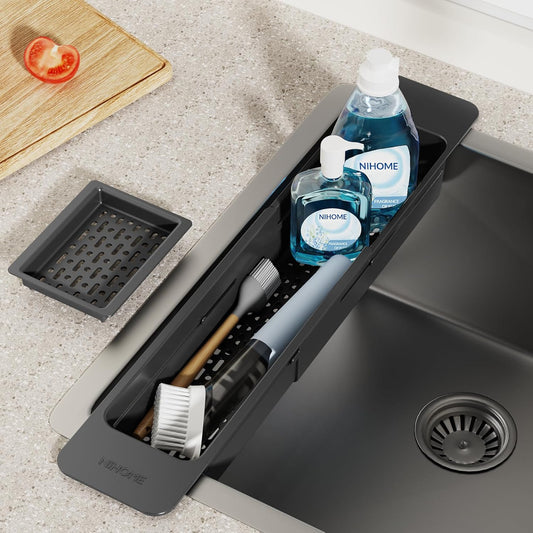 NiHome Extendable Over Sink Kitchen Organizer, Small Telescopic Brush Storage Rack for Sponge, Non-Slip Pads Expandable Sink Caddy, Adjustable Sponge/Brush Rack with Drainage Durable ABS (Black)