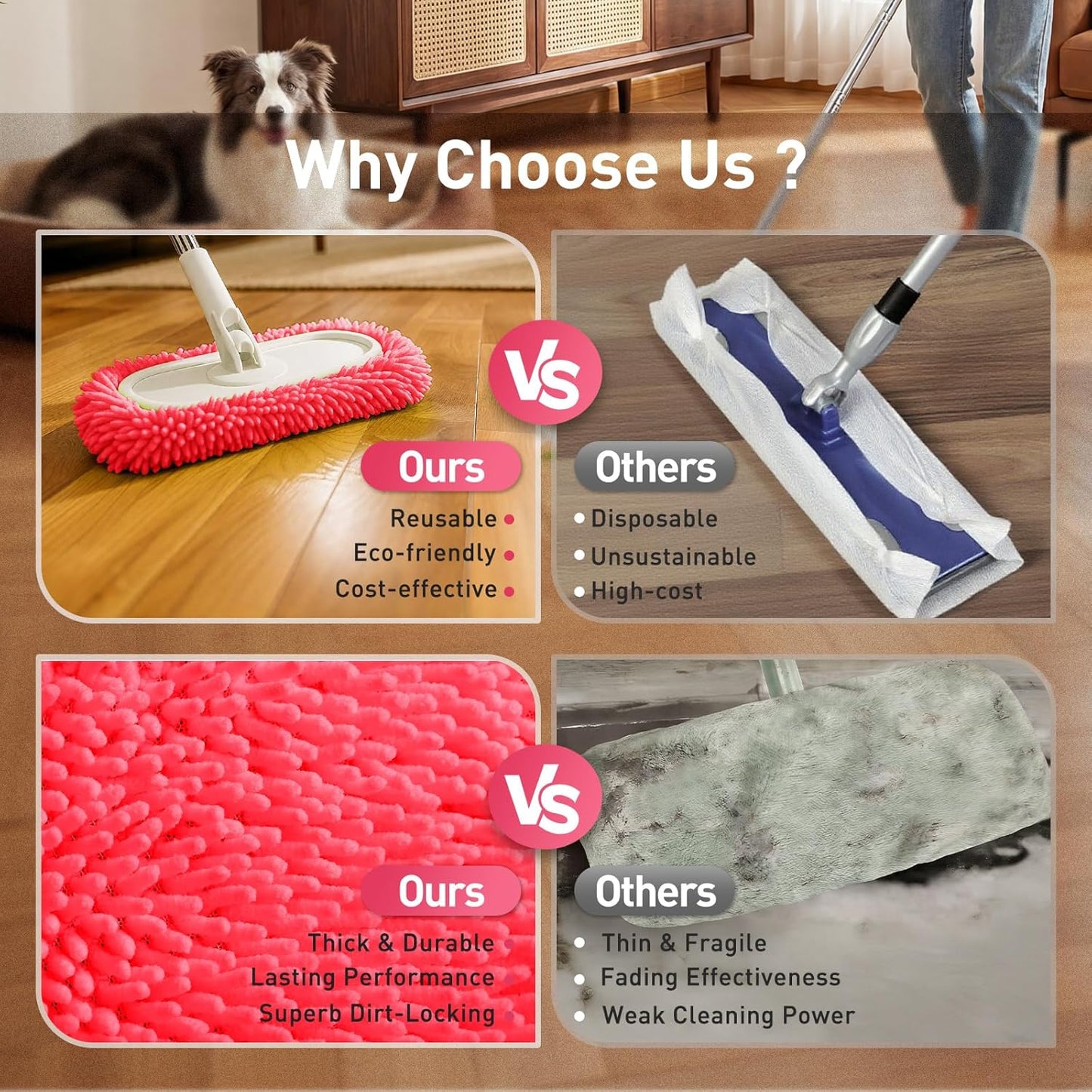 6 Pack Reusable Microfiber Mop Pads Compatible with Sweeper Mops, Replacement Mopping Pads Dry Sweeping Cloths, Washable Chenille Flat Mops Refills for Mopping Floor Cleaning (Mop is not Included)