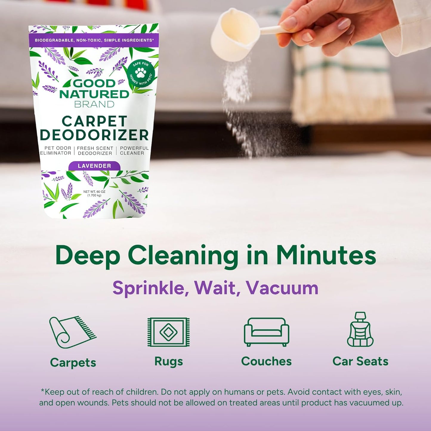 Good Natured Brand | Carpet Deodorizer & Freshener Powder | 31 oz Pet Odor Eliminator for Strong Odor & Pet Urine | Fresh Natural Lemon Scent | Safe for Homes with Pets