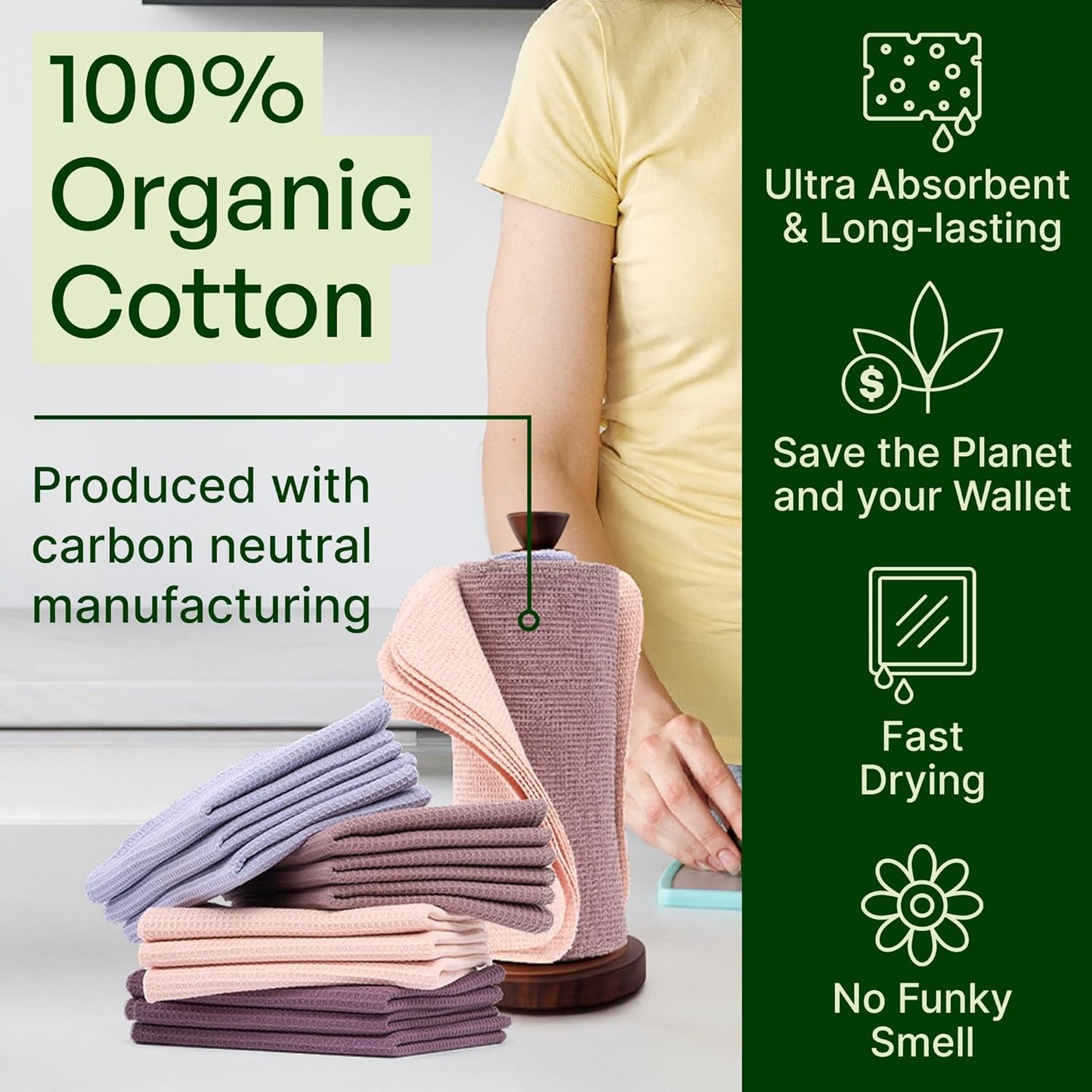 mioeco 20 Pack Reusable Kitchen Paper Towels Washable - Super Absorbent Natural unPaper Towels - Natural Cotton - Reusable, Paperless Kitchen Dish Cloths - 100% Organic