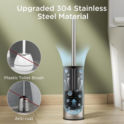 Toilet Brush and Holder Set, Toilet Bowl Brush with Heavy Duty 304 Stainless Steel Base and Extra Long Handle, Toilet Bowl Cleaners Brush for Bathroom (Matte Black)