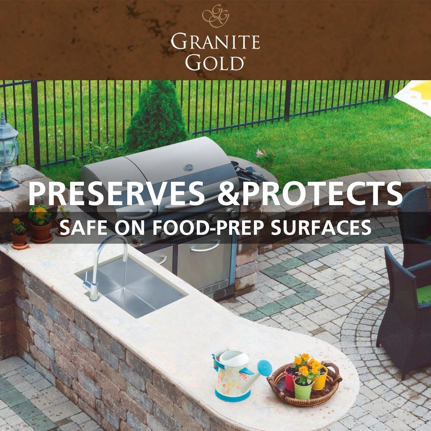 Granite Gold Outdoor Stone Cleaner, Deep Cleans BBQ Islands, Kitchens, Tables, Counters, & More, Streak-Free Shine, Fresh Citrus Scent, Safe on Food-Prep Surfaces, 24 Fl Oz Spray Bottle