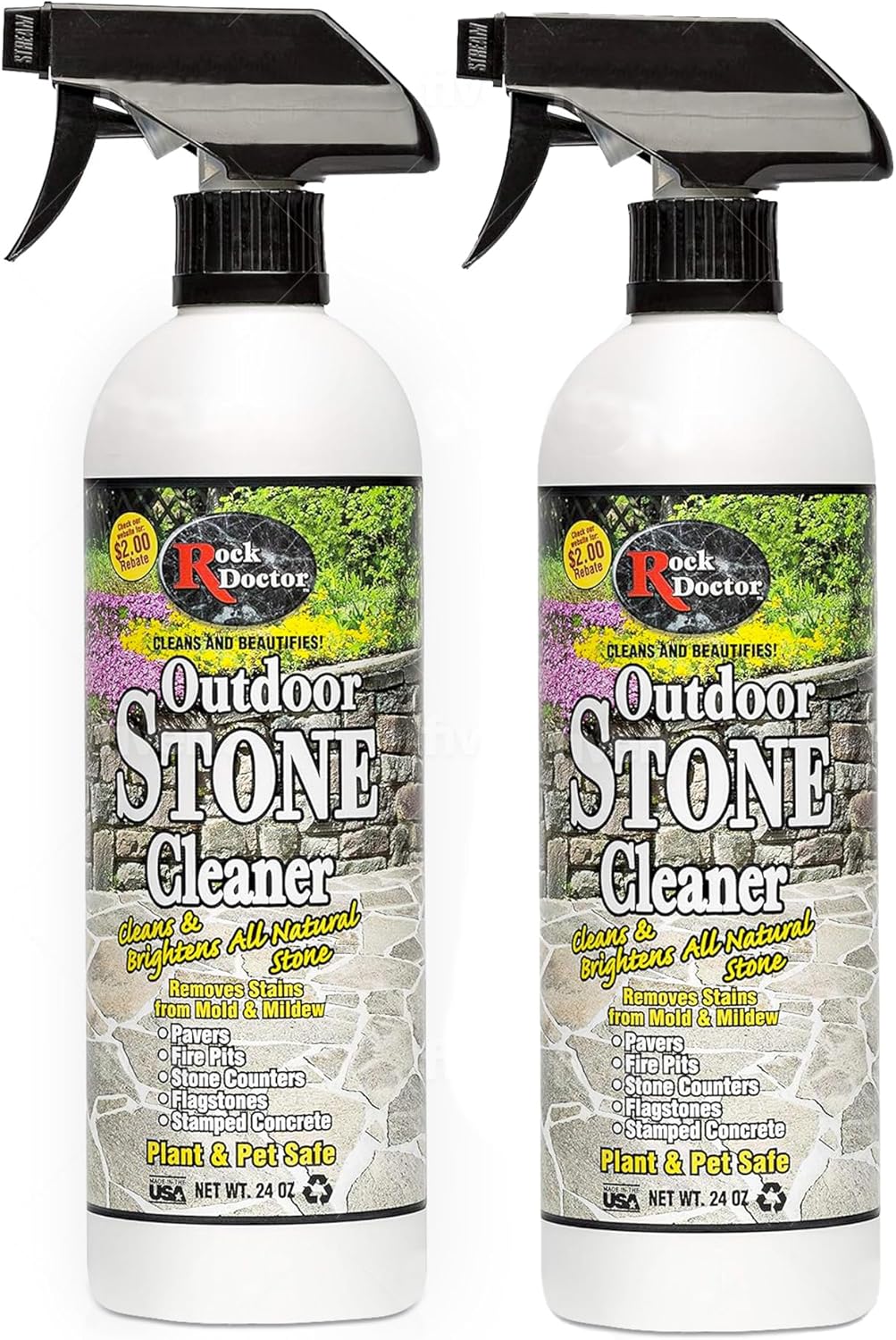 Rock Doctor Outdoor Stone Cleaner, Natural Cleaning Solution Removes Stains and Discoloration, Brightens Granite, Pavers, Fire Pits, and Concrete, Plant and Pet Safe, 24 oz Pack of 2