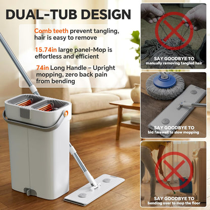 CTIME Large Mop and Bucket Set, Flat Mop and Bucket System, Wall Mop with Adjustable Handle (Max 70.87 Inches), Mops for Floor Cleaning, 6 Washable 15.74'' Microfiber Mop Pads