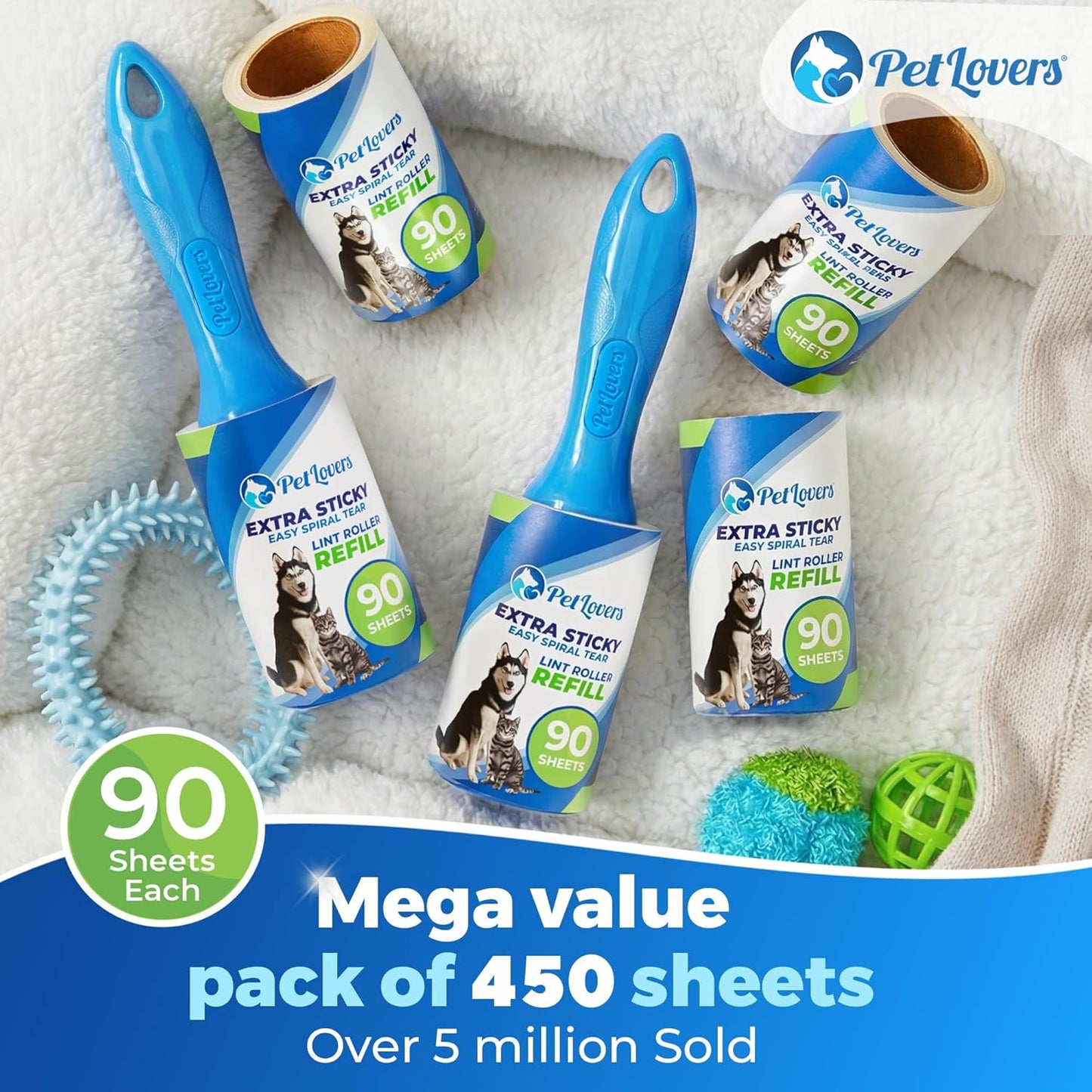 PetLovers Extra Sticky Lint Roller Mega Value Set 600 Sheets for Pet Hair Removal, Dog and Cat Lint Remover 6 Pack