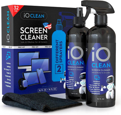 Screen Cleaner Spray (16oz - 473ml) – Best Large Cleaning Kit for LCD LED OLED TV, Smartphone, iPad, Laptop, Touchscreen, Computer Monitor, Electronic Devices, Microfiber Cloth Wipes and 2 Nozzles