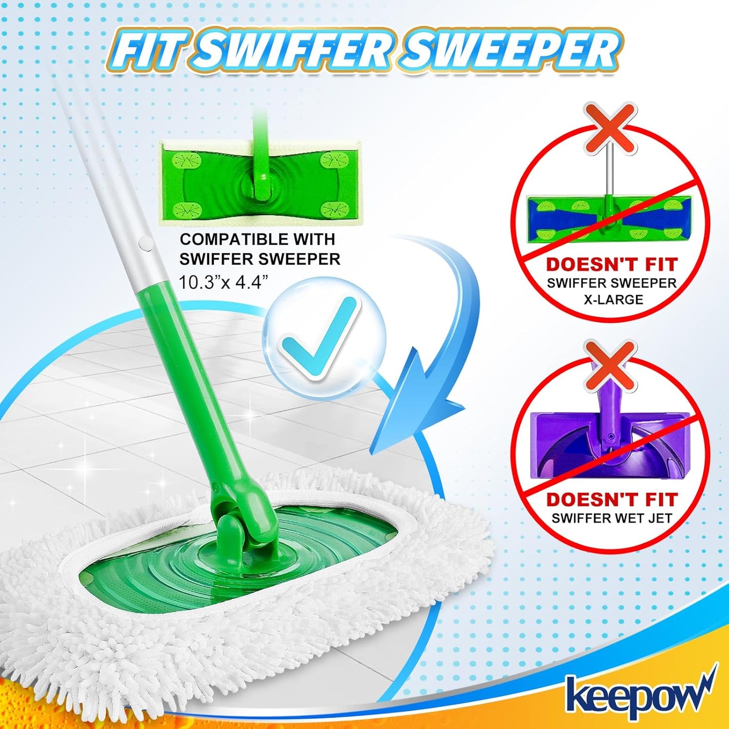 KEEPOW Reusable Microfiber Mop Pads Compatible with Swiffer Sweeper, Dry Sweeping Cloths, Washable Wet Mopping Cloth Refills for Hardwood Floor Cleaning, 6 Pack
