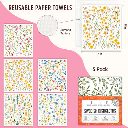 Swedish Dishcloths for Kitchen, Swedish Dish Cloths 5 Pack, Super Absorbent Reusable Paper Towels Washable, Biodegradable, Quick Drying, Dishwasher Safe