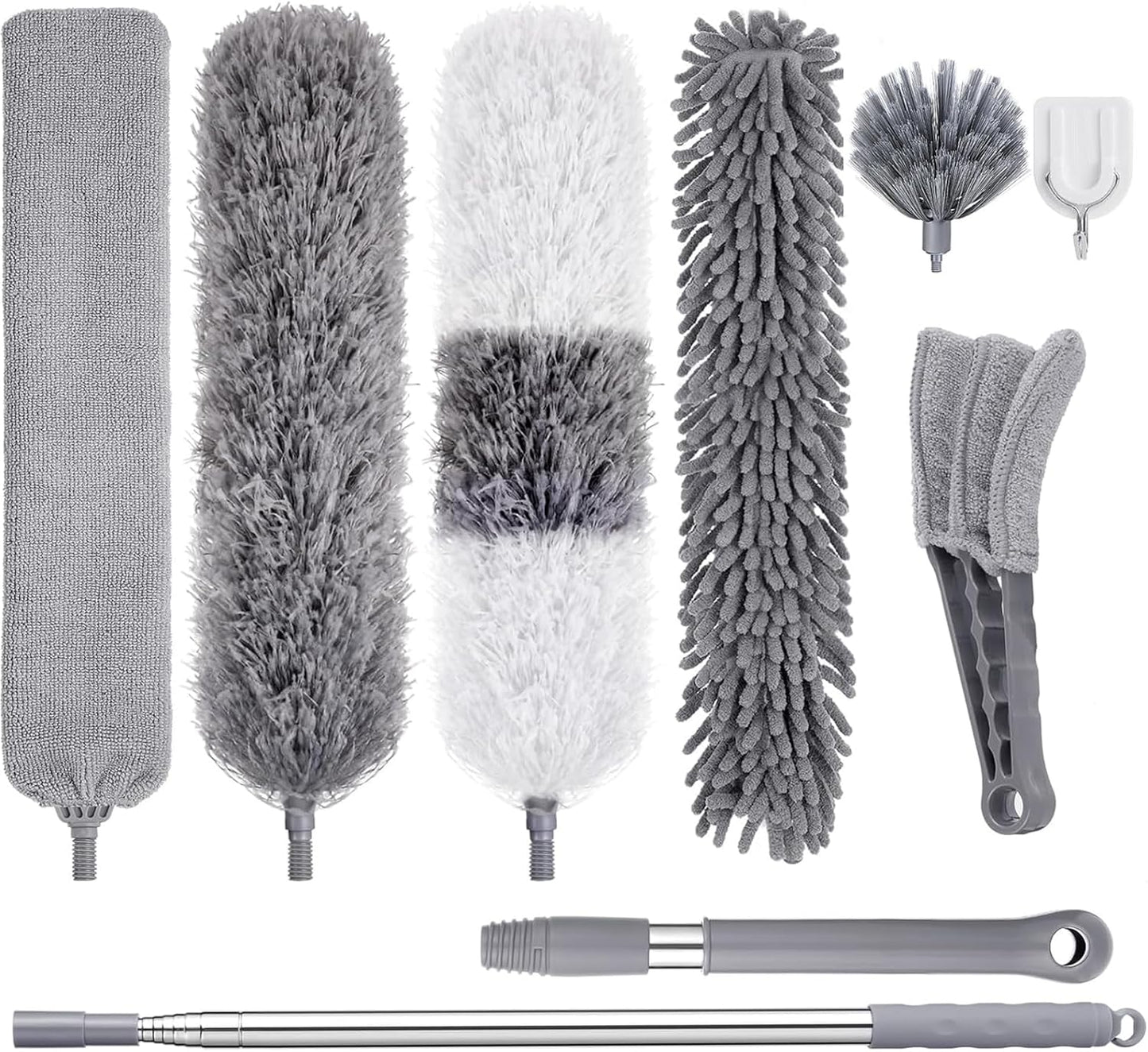 Microfiber Feather Duster Kit, 9PCS Dusters for Cleaning with 100-inch Extendable Pole, Bendable Reusable Washable Cobweb Duster for High Ceilings and Fans, Blinds, Cars and Furniture
