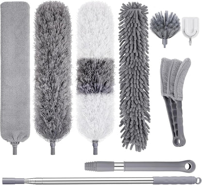 Microfiber Feather Duster Kit, 9PCS Dusters for Cleaning with 100-inch Extendable Pole, Bendable Reusable Washable Cobweb Duster for High Ceilings and Fans, Blinds, Cars and Furniture