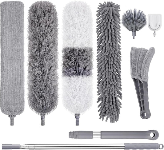 Microfiber Feather Duster Kit, 9PCS Dusters for Cleaning with 100-inch Extendable Pole, Bendable Reusable Washable Cobweb Duster for High Ceilings and Fans, Blinds, Cars and Furniture