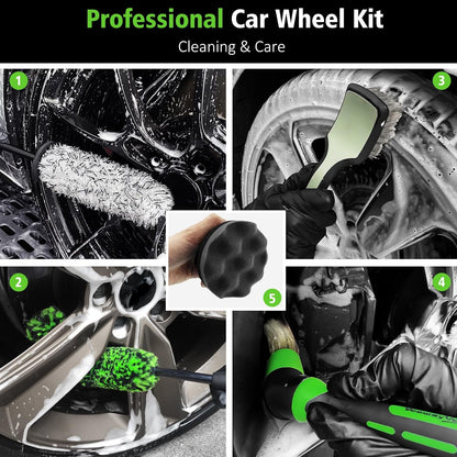 YeewayVeh 8PCS Ultimate Wheel and Tire Brush Kit | 2-Size 360° Bendable Rim Brushes, Boar Hair Detailing Brush, Tire Shine Applicators & Microfiber Towel | Complete Scratch-Free Cleaning & Shining Set