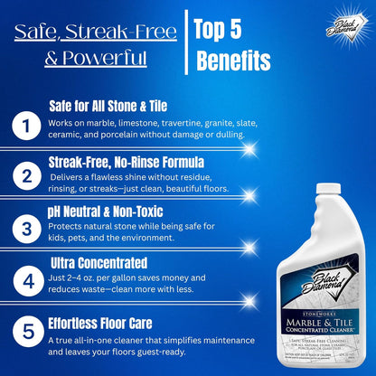 Black Diamond Stoneworks Marble & Tile Floor Cleaner Concentrate, pH Neutral, Streak-Free & No-Rinse Formula for Granite, Travertine, Limestone, Slate, Ceramic & Porcelain Floors (1 Quart)