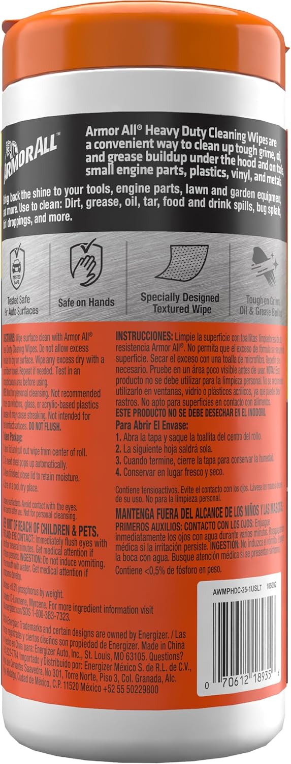 Armor All Heavy Duty Car Cleaning Wipes , Car Wipes for Dirt, Grease and Oil, 25 Count