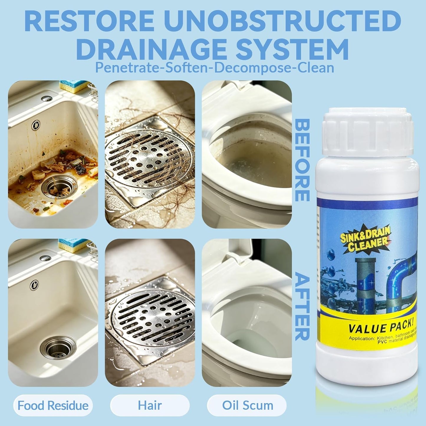 4PCS Sink and Drain Cleaner - 15-30 min Fast-Acting Sink Drains Cleaner - Gentle Formula Drain Clog Remover - Safe for All Pipes - Quick Dissolve Common Pipe Blockages