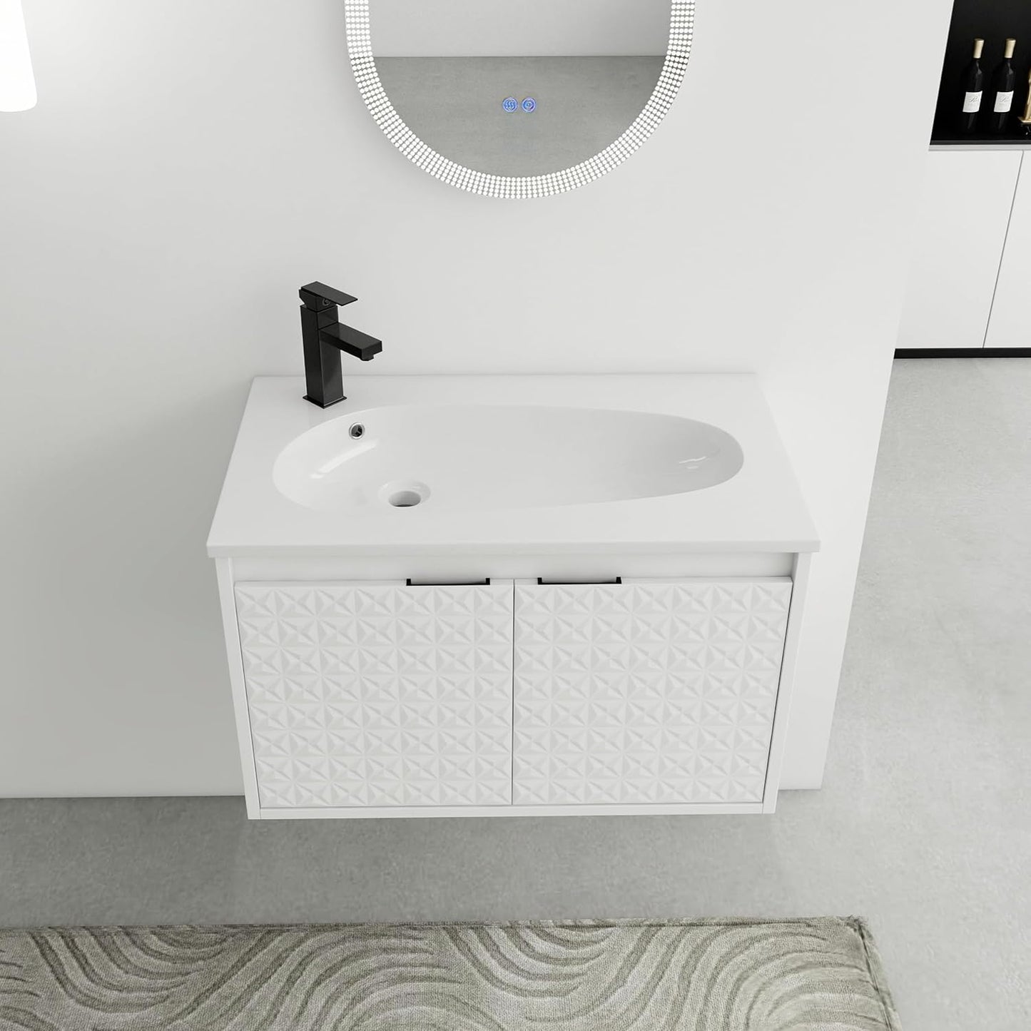 SSLine Modern 24-Inch Bathroom Vanity with Sink Wall Mounted Bathroom Vanity with Top Basin & Storage Cabinet White Wood Floating Vanity w/Ceramic Sink & Gold/Black Handles for Small Space