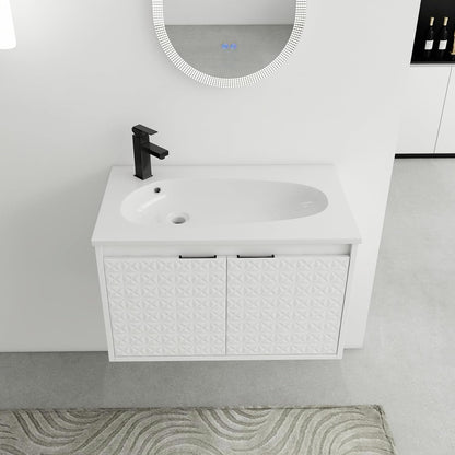 SSLine Modern 24-Inch Bathroom Vanity with Sink Wall Mounted Bathroom Vanity with Top Basin & Storage Cabinet White Wood Floating Vanity w/Ceramic Sink & Gold/Black Handles for Small Space