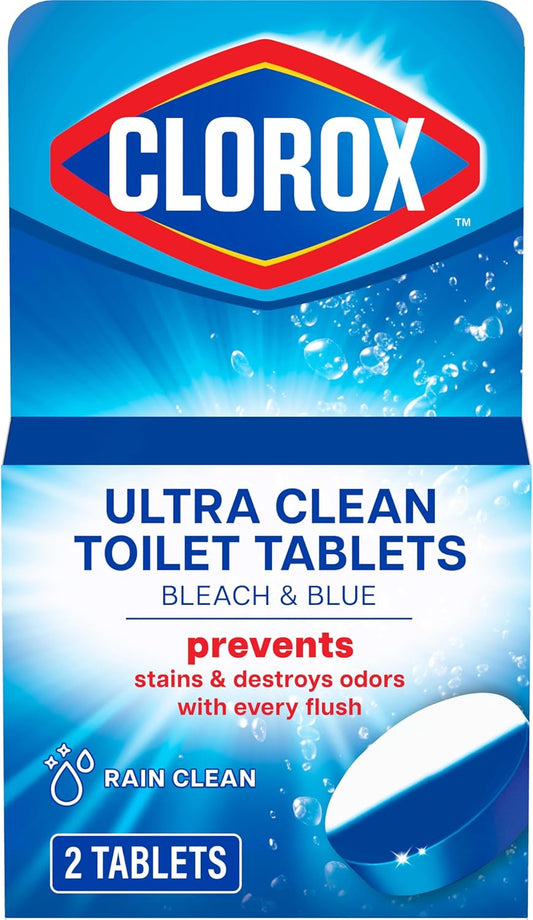 Clorox Ultra Clean Toilet Tablets Bleach & Blue, Rain Clean Scent, 2.47 Ounces Each, 4 Count (Package May Vary)