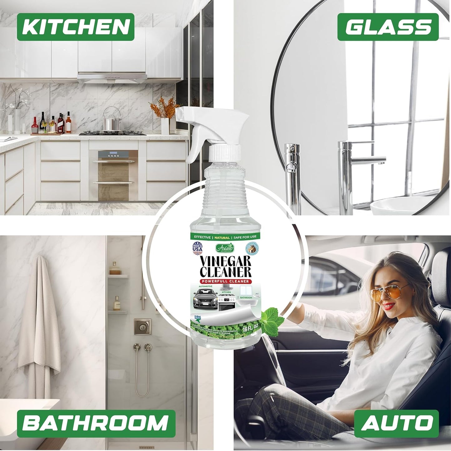 Aviano Botanicals Vinegar Cleaner, Made in USA - 16 Fl Oz Vinegar Cleaning Spray – Safe, Non-Corrosive, Pet & People Friendly, Eco-Friendly Mint Scent for Kitchen, Auto, Floors, Glass, Baths and more