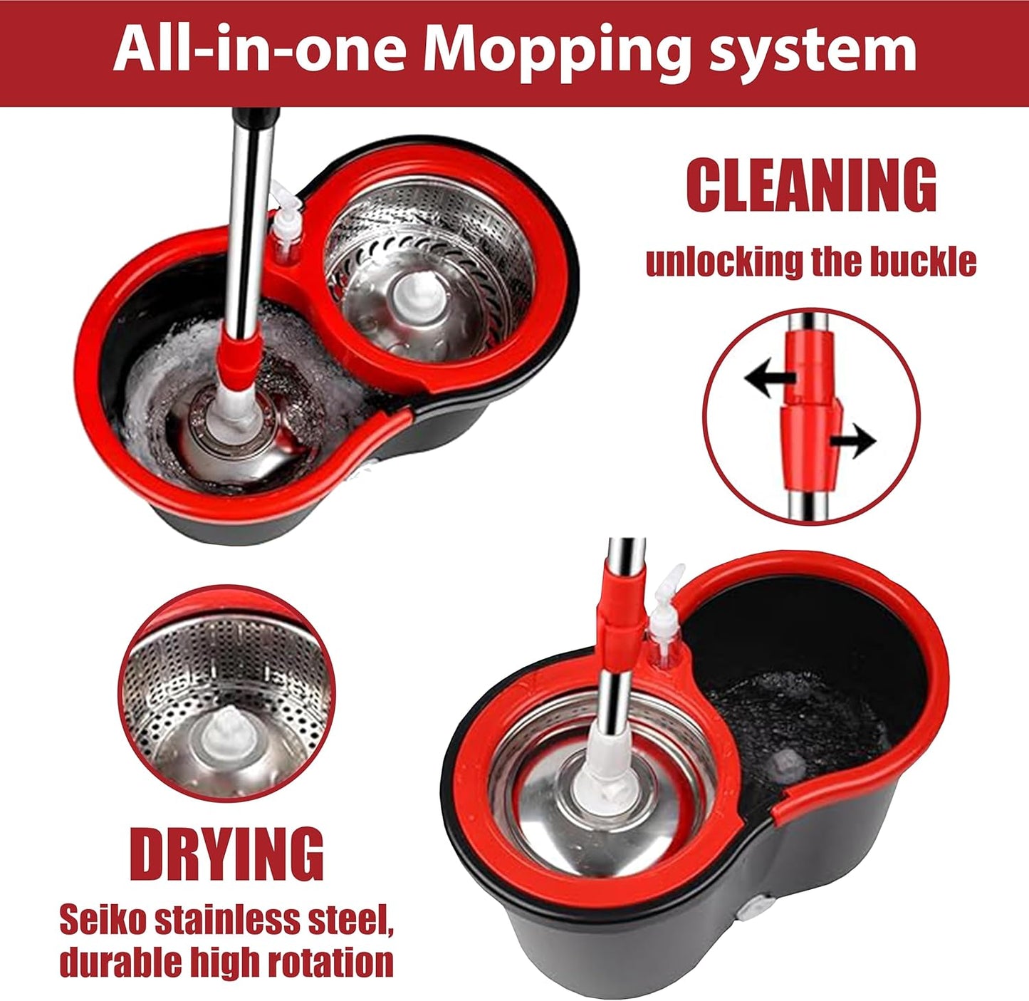Spin Mop and Bucket with Wringer Set, 360 Spinning Mop Bucket System with 3 Microfiber Mop Replacement Heads, Mop and Bucket with Wringer Set for Home
