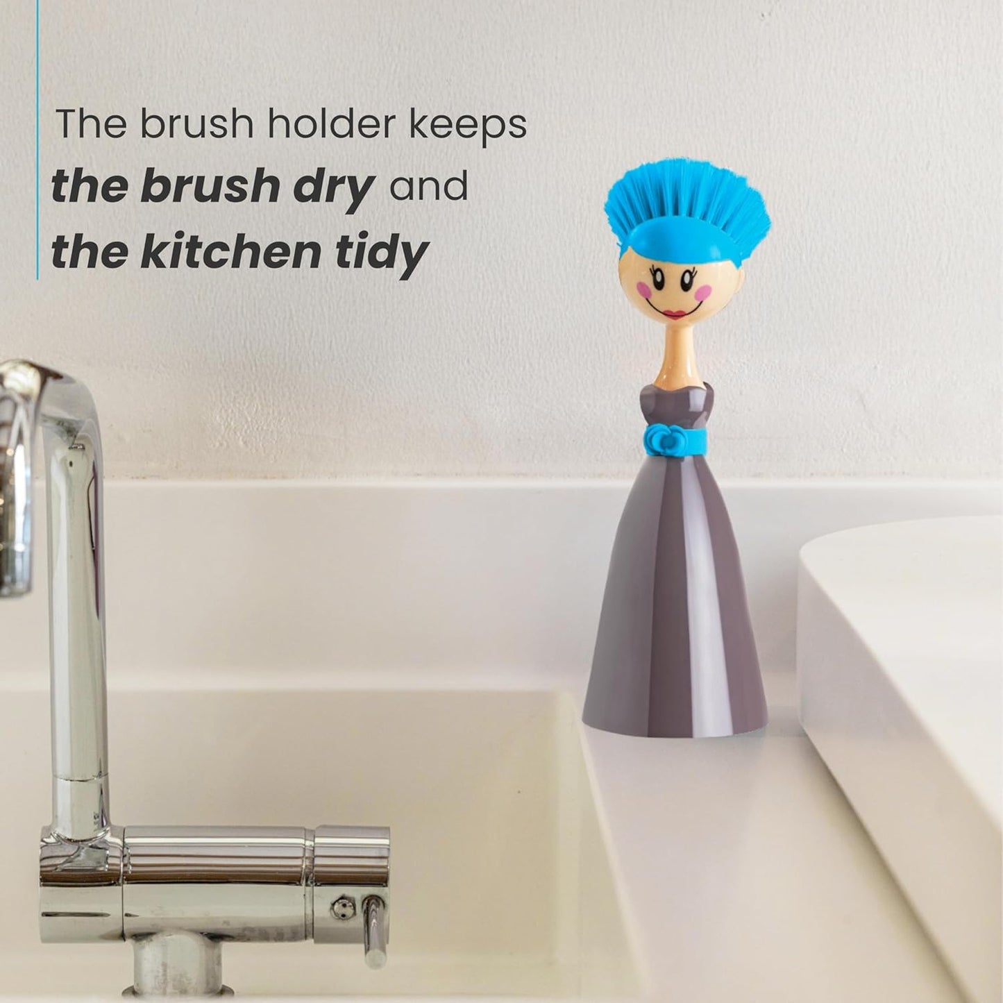 Vigar Dolls Dish Brush with Ergonomic Handle and Dres-shaped Storage Holder - Scrub Brush for Pans, Pots, Kitchen Sink Cleaning, Blue/Pink