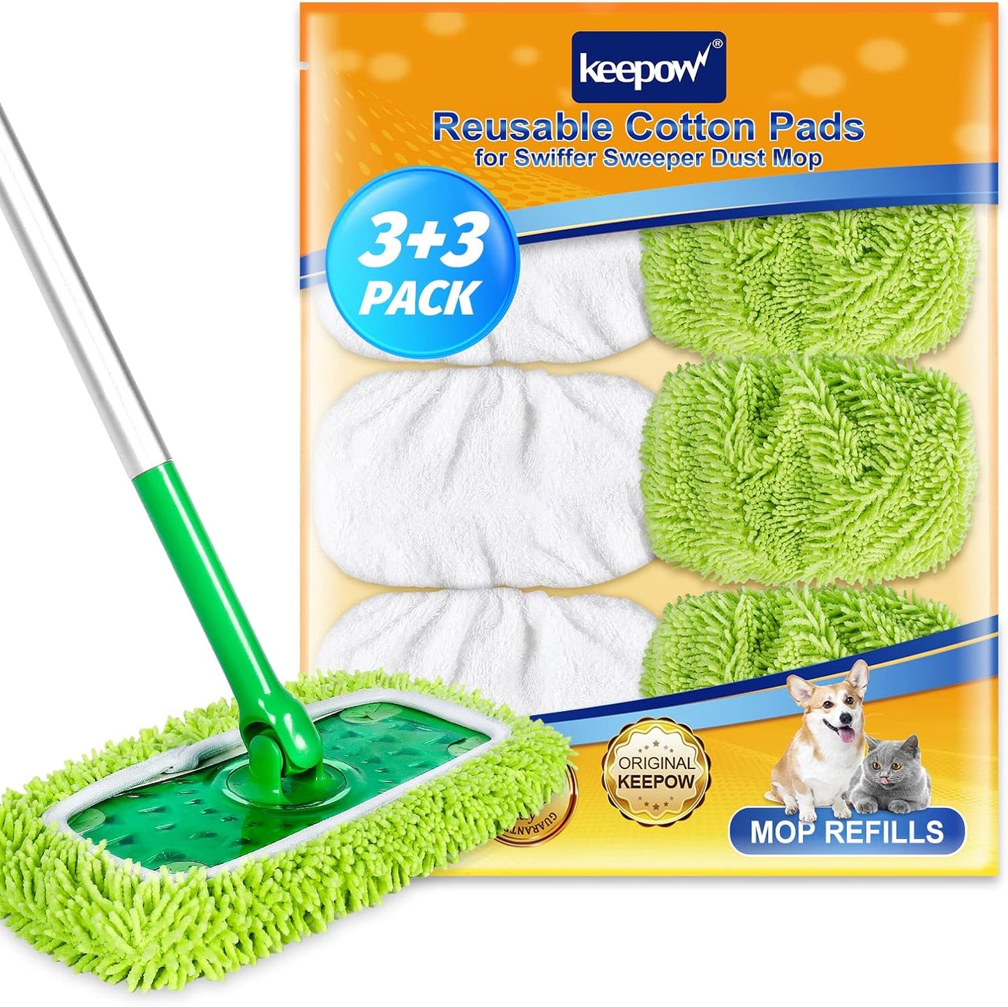 KEEPOW Reusable Microfiber Mop Pads Compatible with Swiffer Sweeper, Dry Sweeping Cloths, Washable Wet Mopping Cloth Refills for Hardwood Floor Cleaning, 6 Pack