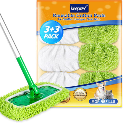 KEEPOW Reusable Microfiber Mop Pads Compatible with Swiffer Sweeper, Dry Sweeping Cloths, Washable Wet Mopping Cloth Refills for Hardwood Floor Cleaning, 6 Pack
