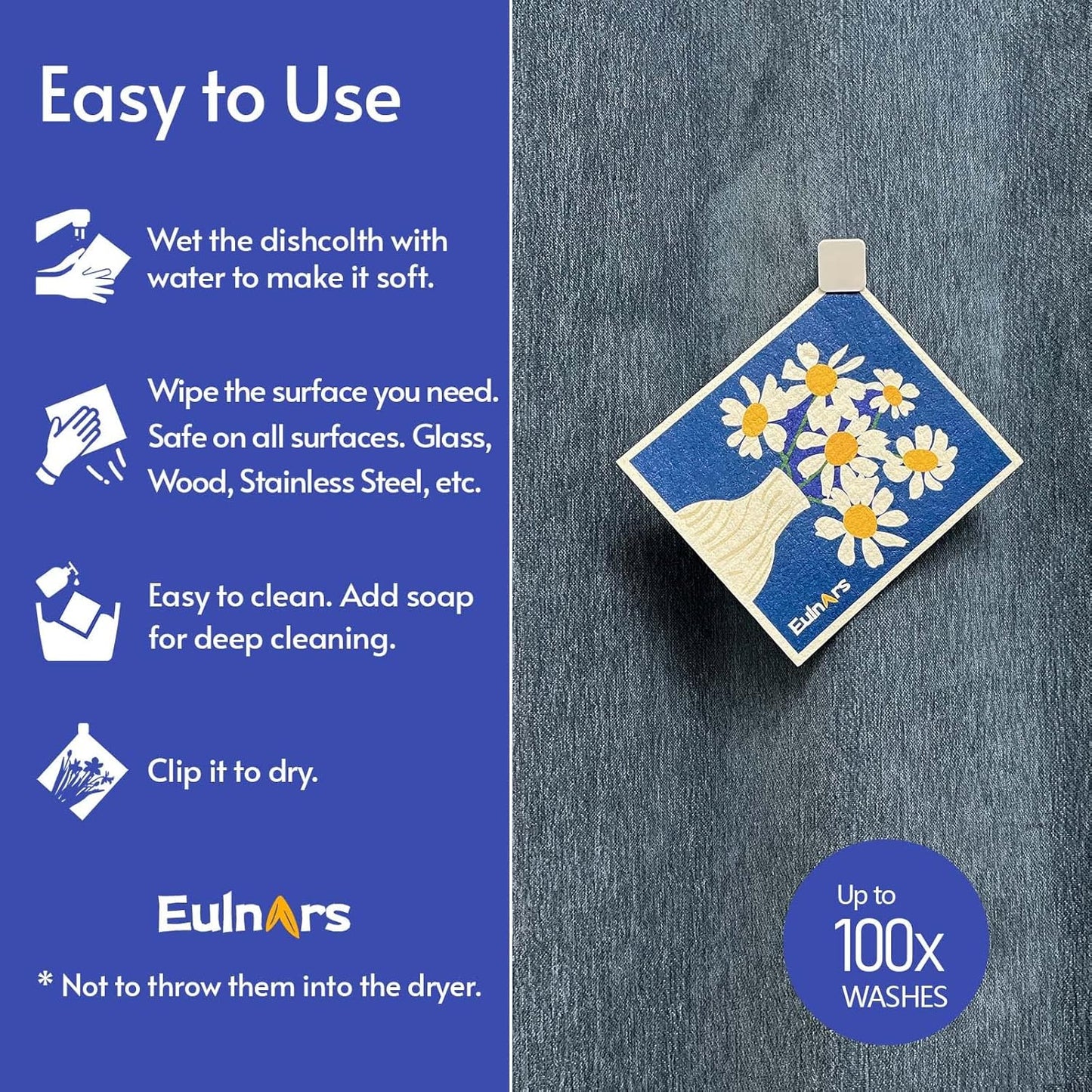 Eulnars Swedish Dishcloths for Kitchen, 8 Pack Reusable Paper Towels with Clips, Non-Scratch Swedish Kitchen Towels, Super Absorbent Cellulose Sponge Cloths, Dishwasher Safe, No Odor