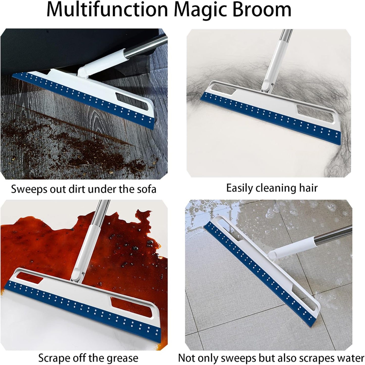 Multifunction Rubber Air Broom, Silicone Floor Squeegee with 56" Long Handle, Rubber Sweeper, Air Broom for Floor Bathroom Kitchen Shower Tile Pet Hair Fur Marble Glass Water Window Foam Clean (Grey)