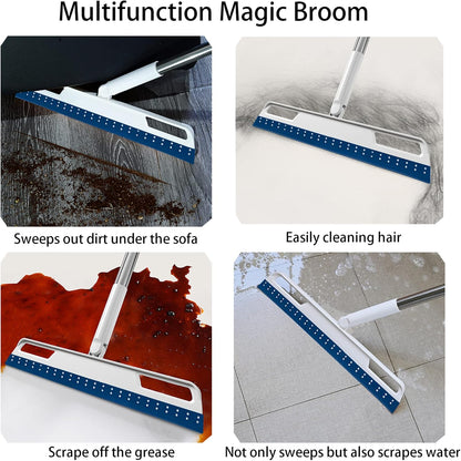 Multifunction Rubber Air Broom, Silicone Floor Squeegee with 56" Long Handle, Rubber Sweeper, Air Broom for Floor Bathroom Kitchen Shower Tile Pet Hair Fur Marble Glass Water Window Foam Clean (Grey)