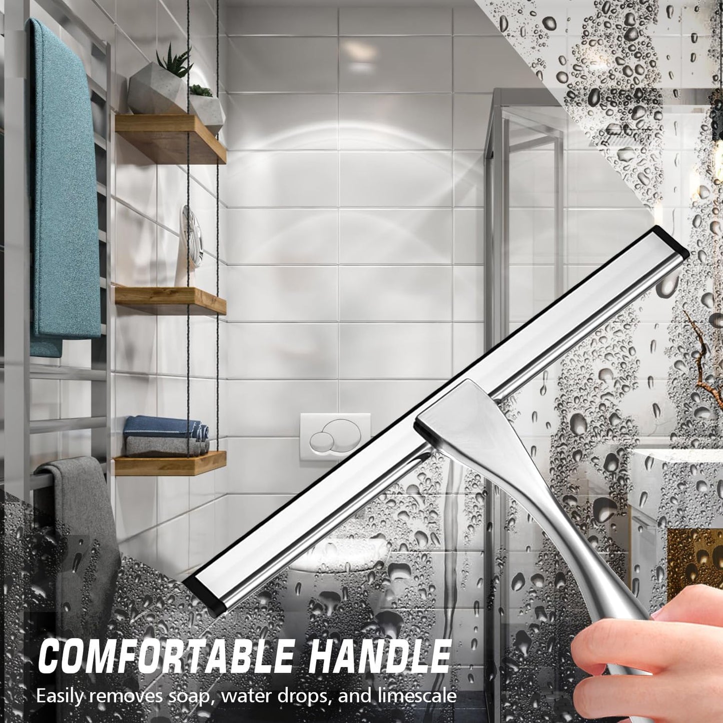 Stainless Steel Shower Squeegee for Glass, Includes 3 Adhesive Hooks, Shower Door Squeegee for Bathroom, Household Window, Car Windshield, Mirrors, Tiles Scrubber Clear, 12 inch Black