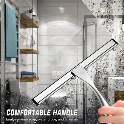Stainless Steel Shower Squeegee for Glass, Includes 3 Adhesive Hooks, Shower Door Squeegee for Bathroom, Household Window, Car Windshield, Mirrors, Tiles Scrubber Clear, 12 inch Black