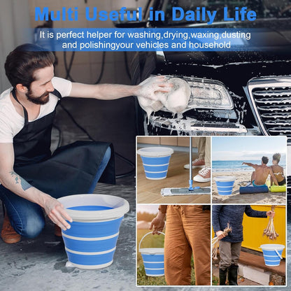 Collapsible Wash Bucket with Microfiber Mitt, 10L (2.6 Gallon) Portable Collapsiblle Buckett with Handle for Car Wash Household Cleaning, Multiuse Collapsibles Water Bucket and Car wash mitt - Grey