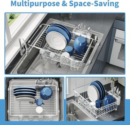 JASIWAY Dish Drying Rack in Sink, Expandable Stainless Steel Dish Drainers for Kitchen Counter, Dish Dryer Rack for Inside Sink, Over The Sink Dish Racks with Utensil Holder, Silver