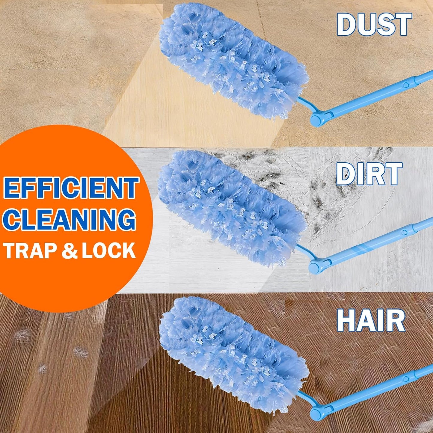 60 Heavy Duty Duster Refills for Swiffer Duster, 3 ft Extendable Handle, 1 Short Handle, Multisurface 360 Dusters kit for Dusting Furniture, Ceiling Fans, Blinds, Blue