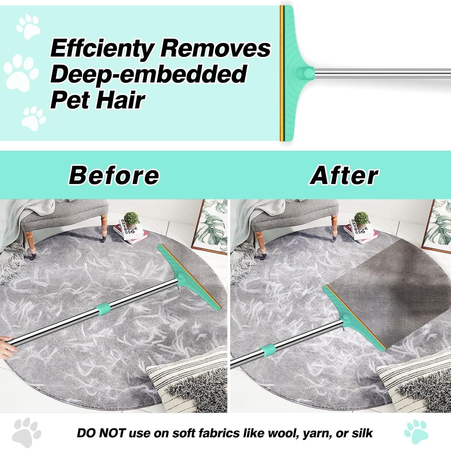 Carpet Rake for Pet Hair Removal - 60" Adjustable Long Handle Carpet Rake, 3 in 1 Reusable Pet Hair Removal Tool Kit, Cat Dog Fur Rakes Scraper Carpet Broom for Carpets, Rugs, Mats