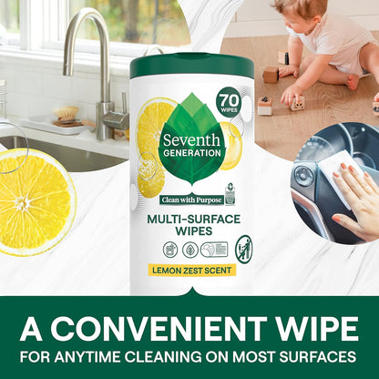 Seventh Generation Multi Surface Wipes All Purpose Cleaning Lemon Zest scent with 100% Essential Oils and Botanical Ingredients 70 count, Pack of 6