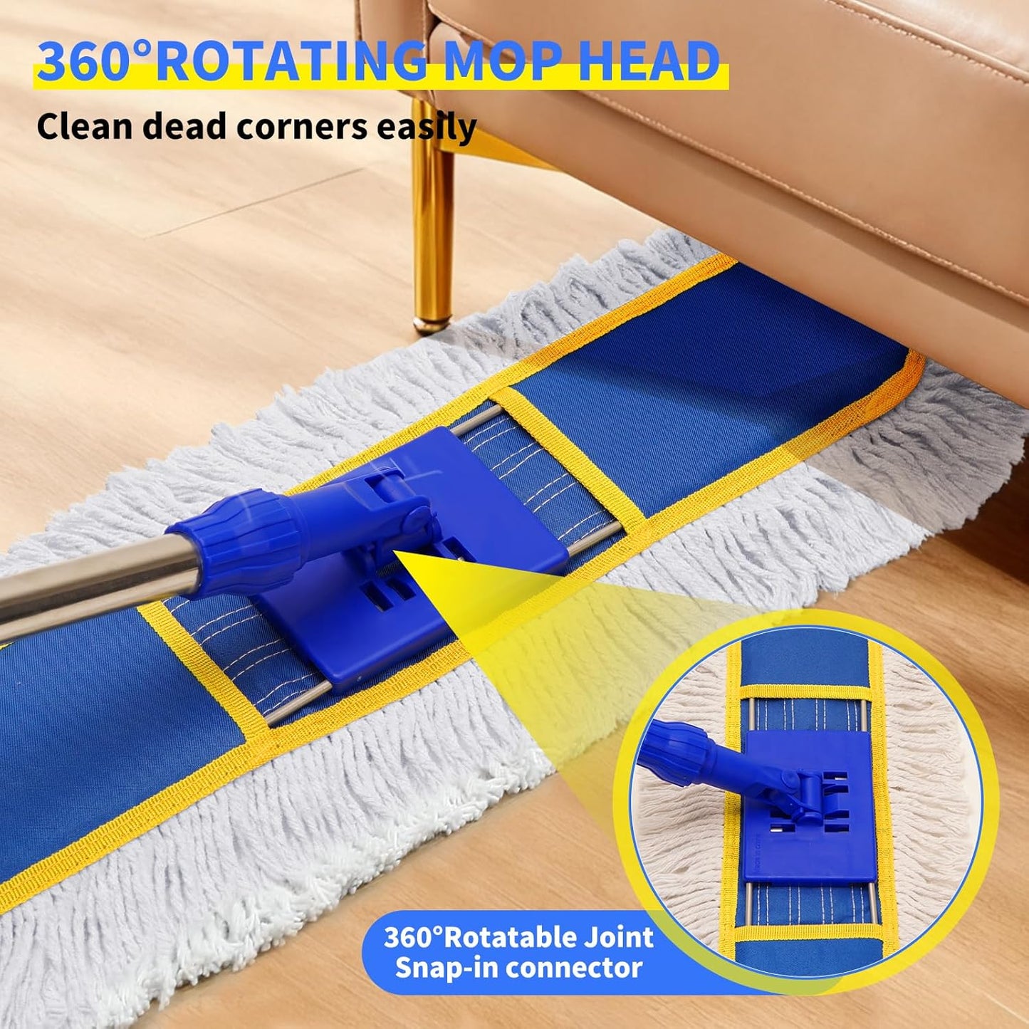 29.5" Commercial Dust Mop for Floor Cleaning,Heavy Duty Floor Duster with 2 Cotton Reusable Mop Pads,61” Long Handle Wet Dry Flat Mops for Hardwood Floors,Marble, Laminate,Tile,Concrete,Garage (Blue)