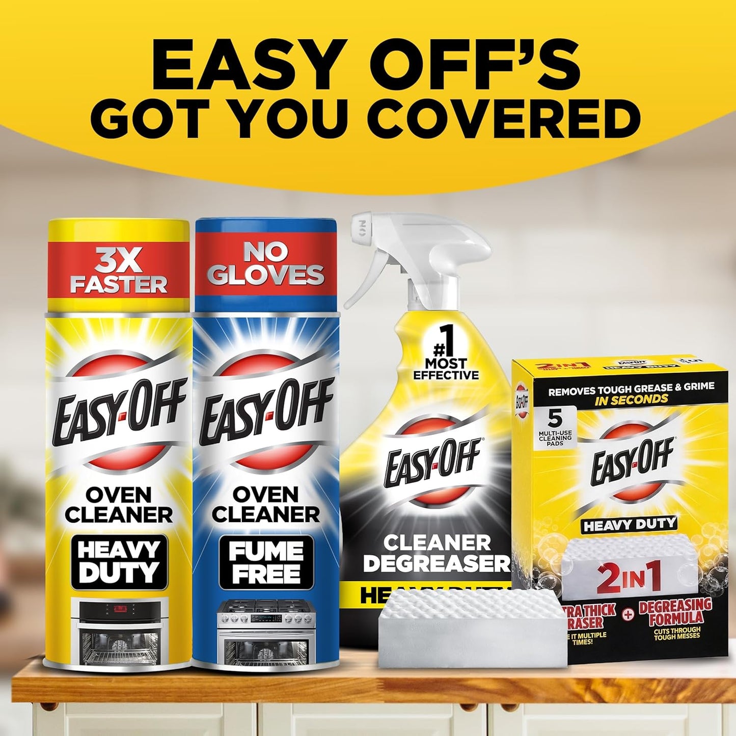 Easy‑Off Heavy Duty 2‑in‑1 Ultra Thick Eraser & Degreasing Formula, 5 Multi‑Use Cleaning Pads — Cuts Through Tough Grease & Grime in Seconds