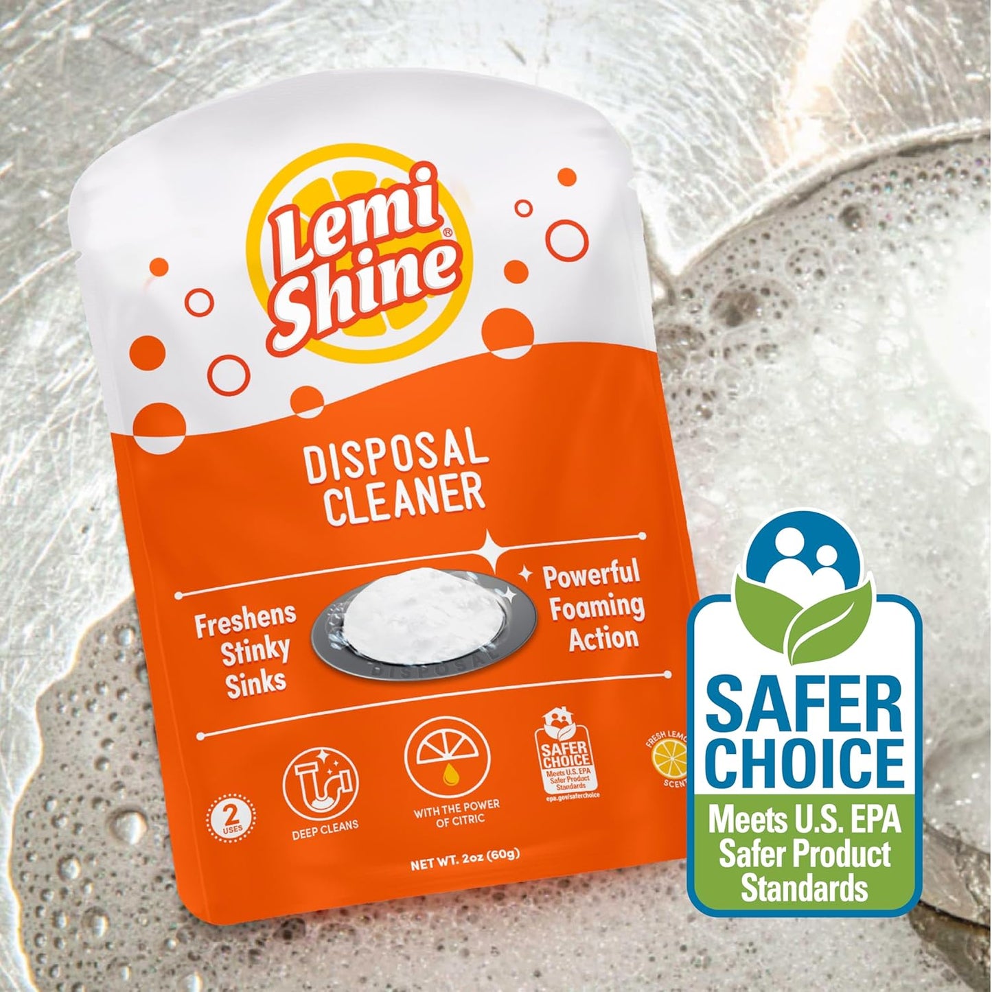 Lemi Shine Garbage Disposal Cleaner and Deodorizer Powered By Citric Acid | Foam Cleaner For Kitchen Garbage Disposal with a Natural, Fresh Lemon Scent (2 Count)