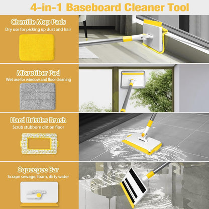 JEHONN Baseboard Cleaner Tool with Handle, 56 inches Base Boards Cleaning Mop Scrubber, 1 Stiff Bristles Brush, 2 Chenille and 2 Microfiber Pads, Wall Duster for Floorboard Ceiling Window Tile