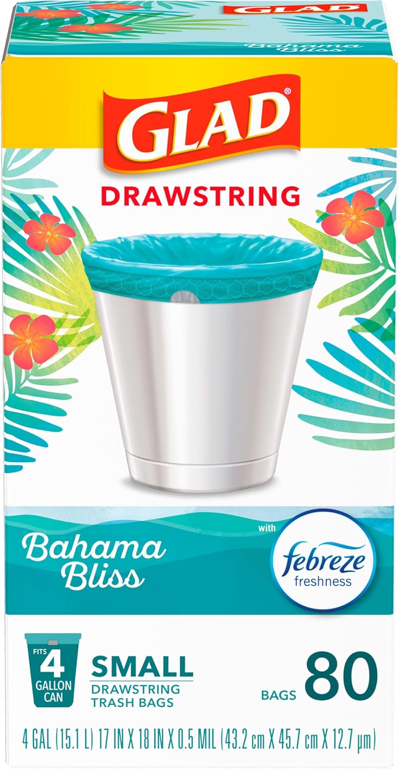 Glad Small Trash Bags 4 Gallon, Febreze Sweet Citron & Lime Garbage Bags, Odor Resistant with Drawstring, 80 Count