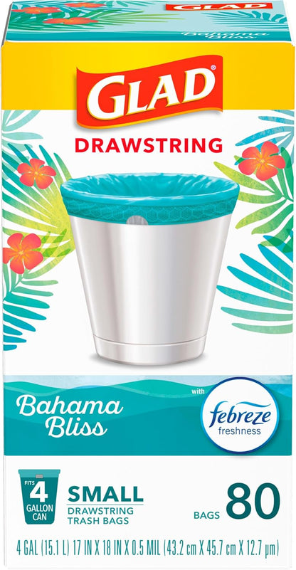 Glad Small Trash Bags 4 Gallon, Febreze Sweet Citron & Lime Garbage Bags, Odor Resistant with Drawstring, 80 Count