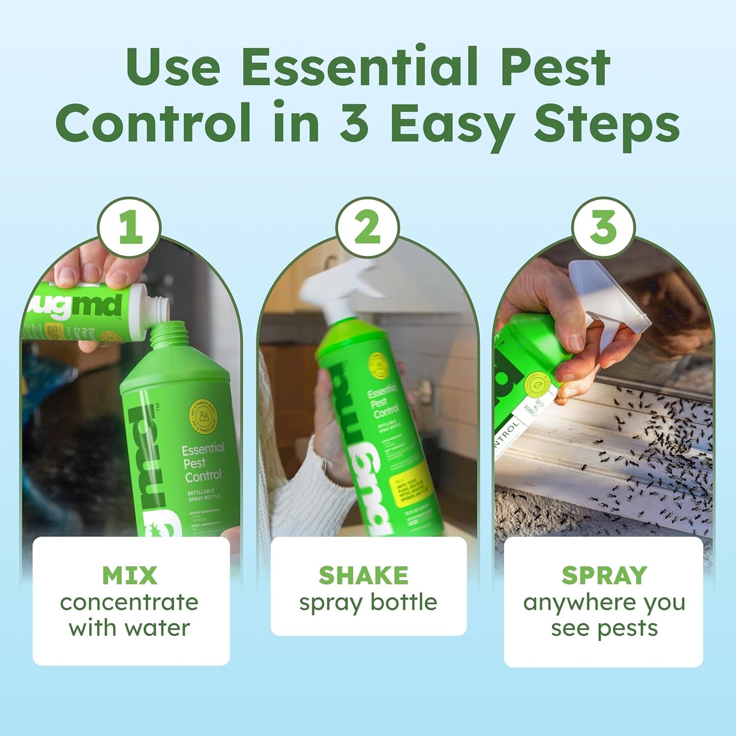 BugMD Empty Refillable Spray Bottle 32 oz for Pest Control Essential Oil Concentrate (Sold Separately), 3 Modes