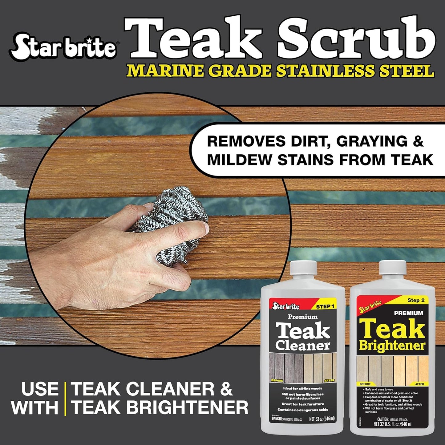 STAR BRITE Marine-Grade Stainless Steel Scrub Scouring Pad Scrubber - Refinish Wood Furniture & Boat Teak