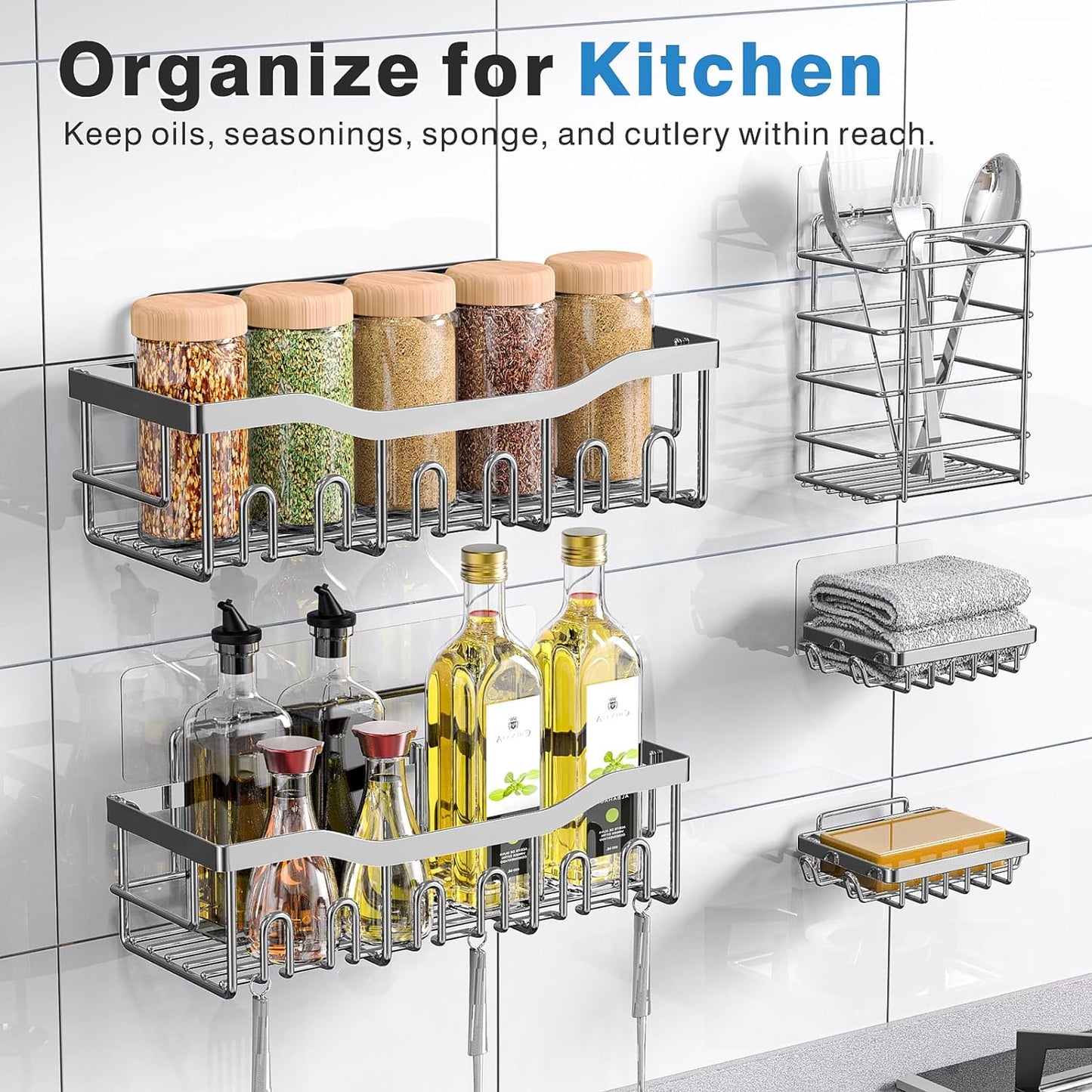 EUDELE Adhesive Shower Caddy, 5 Pack Rustproof Stainless Steel Bath Organizers With Large Capacity, No Drilling Shelves for Bathroom Storage & Home Decor