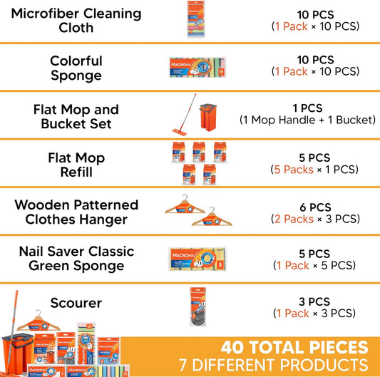 Cleaning Supplies Bundle Flat Mop Bucket Set Home Cleaning Kit Microfiber Cloth Sponge Household Set