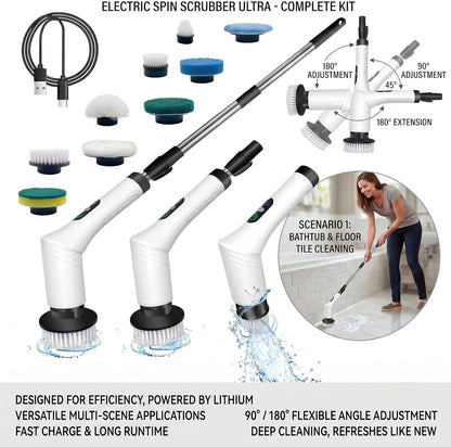 Spin Scrubber, 9-in-1 Multifunctional Electric Cleaning Brush with Detachable Handle, 9 Replaceable Brush Heads & LCD Display, Rechargeable for Bedroom, Bathroom, Kitchen, Car
