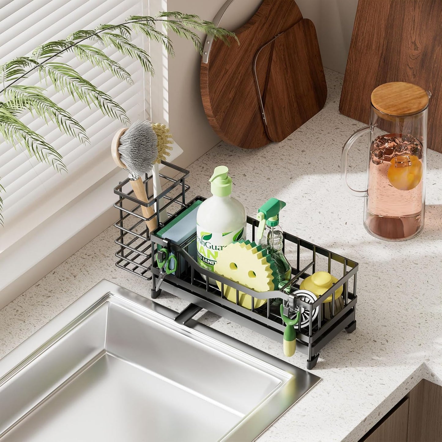 Sponge Holder for Kitchen Sink, Kitchen Sink Caddy with Long-Handled Dish Brushes Holder, 304 Rustproof Stainless Steel Countertop Organizers and Storage, Home Kitchen Sink Accessories(Silver)