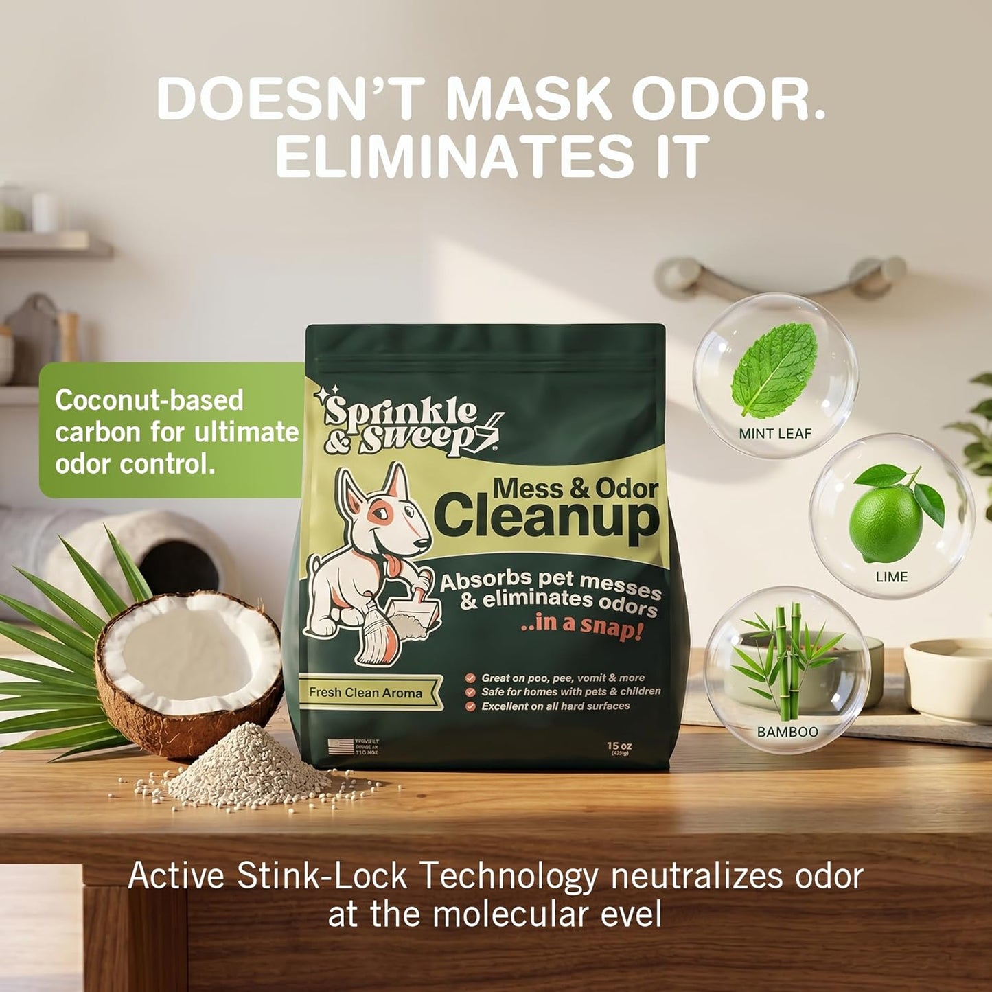 Sprinkle & Sweep: Pet Mess & Odor Cleanup - 15oz Bag - Dog Accident & Mess Clumping Powder, Remove Pee-Poop-Vomit from Hard Surfaces, Ultra-Absorbent